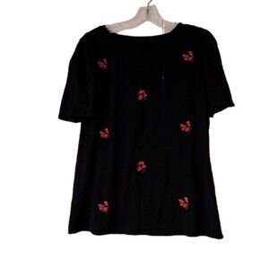 Loft Short Puff Sleeve T-Shirt Black with Red Flowers - 100% Cotton - Medium